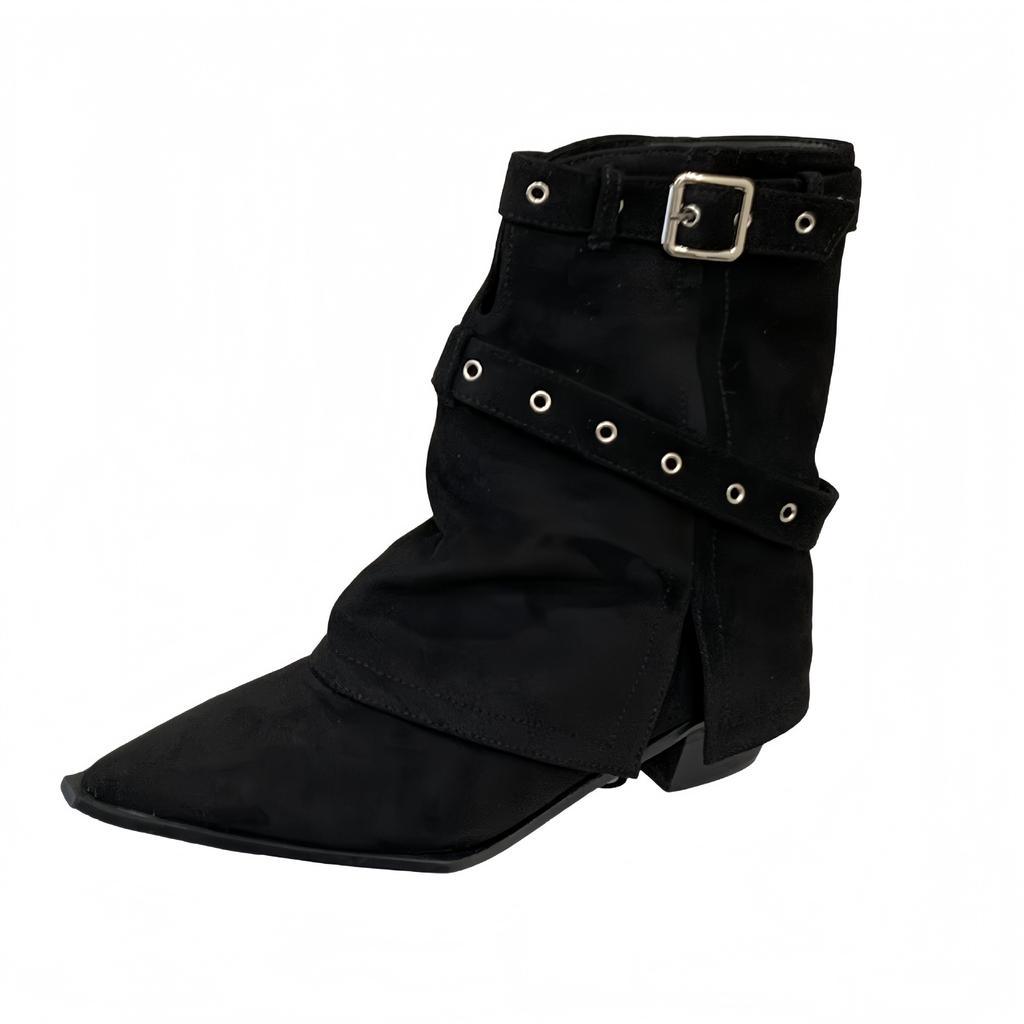 Retro Thick Heel Medium Boots Women's 2025 New Autumn Versatile Pointed Western Cowboy Boots Belt Buckle Trouser Boots