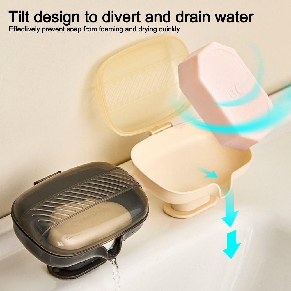 Durable Sloped Drainage Draining Soap Box Suction Cup Base Dustproof Lid Soap Dish Soap Holder for Bathroom Sink Countertop