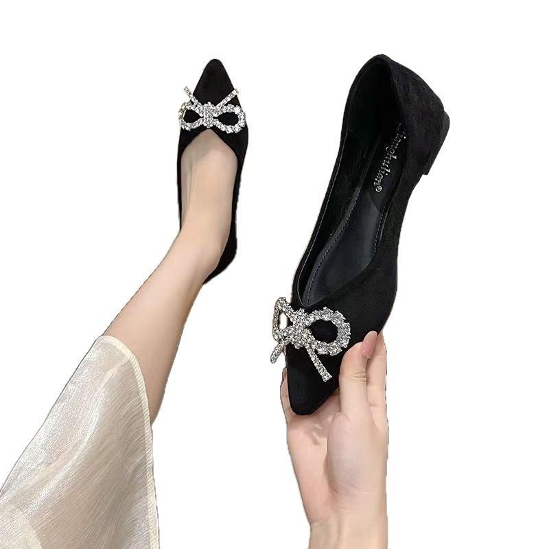 Autumn new daily sweet bow rhinestone single shoes pointed bow stiletto flat heels