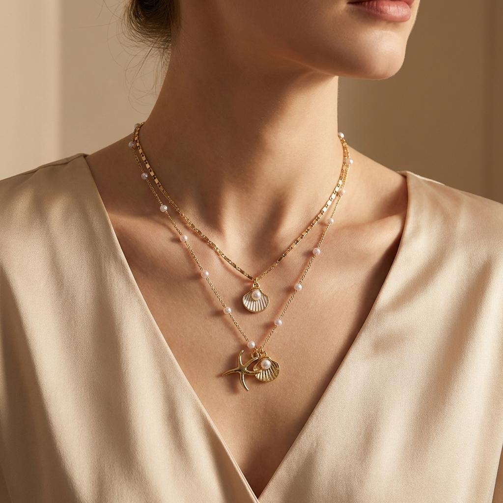 Imitation Pearl Shell Starfish Double Layer Necklace Summer Ocean Style Women Fashion Versatile Daily Accessory