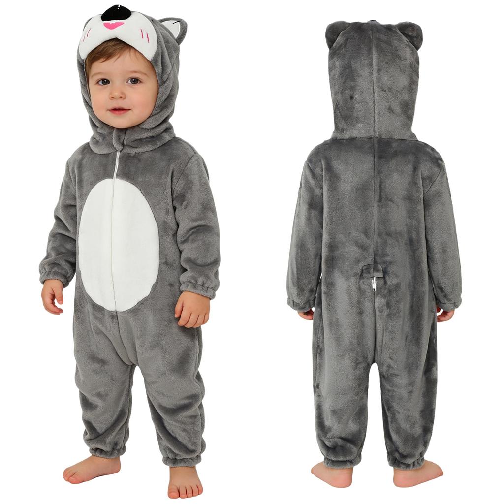 Unisex Toddler Animal Jumpsuit: Complete 3D Tail Costume with Hood, Zip-Up Long Sleeve for Theme Party & Home Play