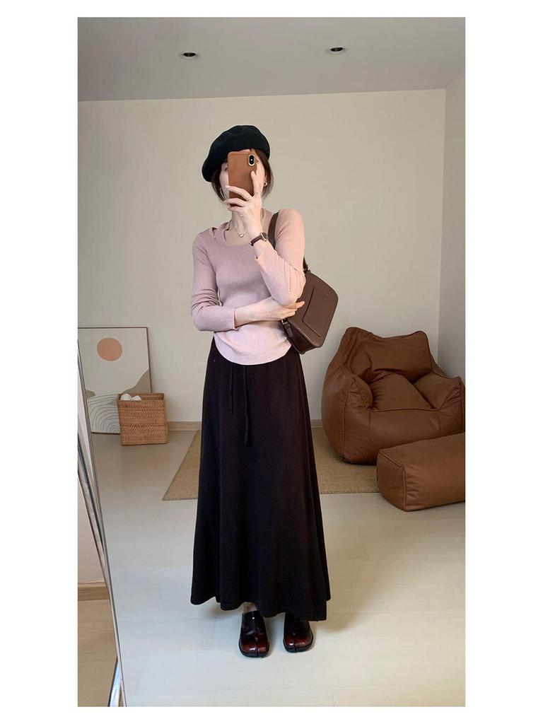 Korean Style High Waist Knitted A-Line Midi Skirt for Women