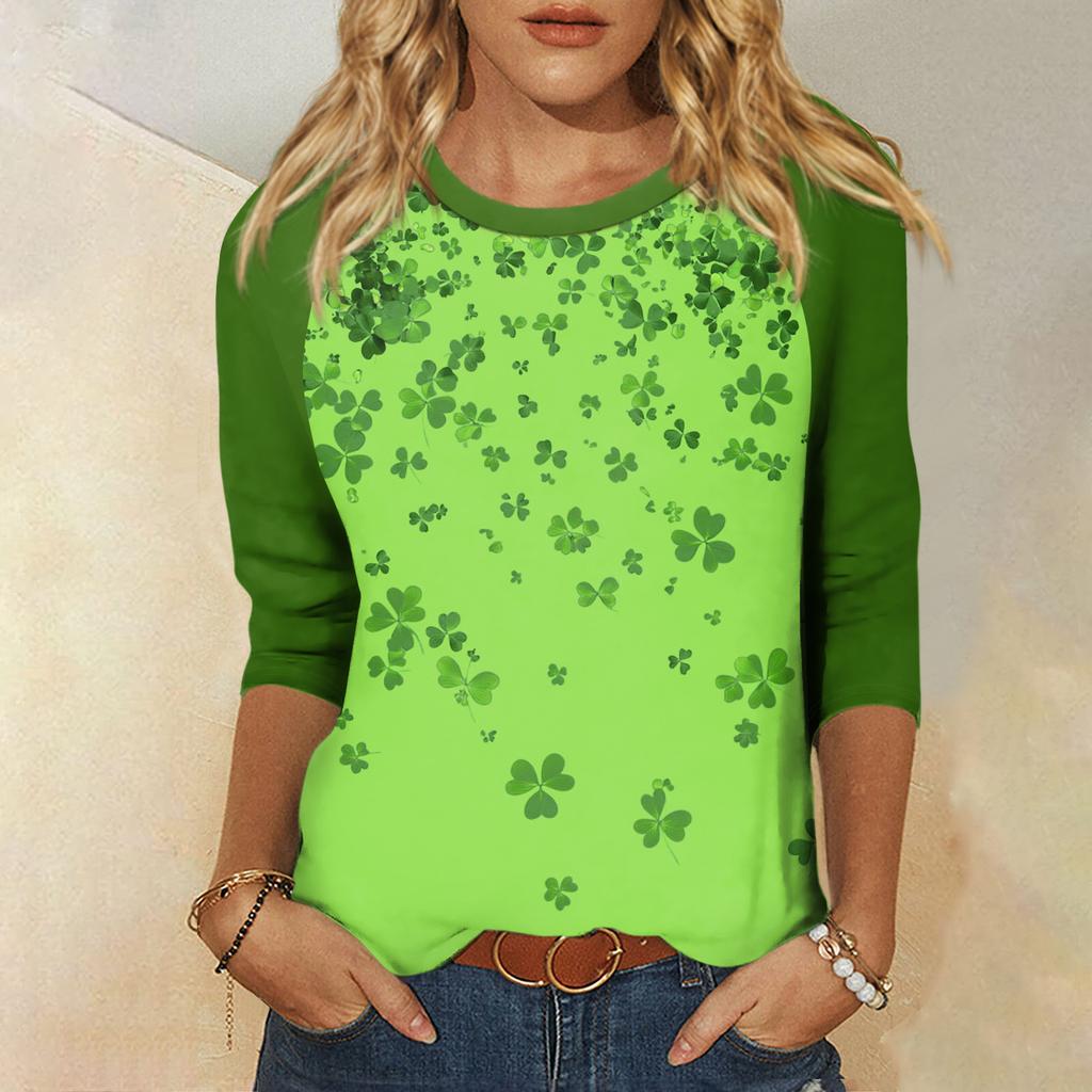 Women's St. Patrick's Day Print Round Neck Three-Quarter Sleeve Top