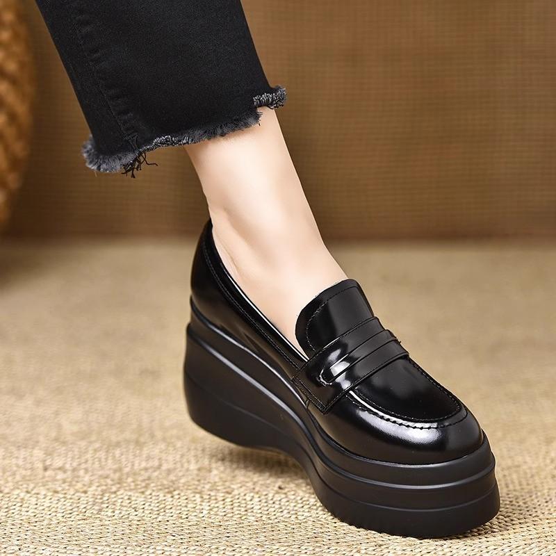 New retro wedge heel small leather shoes round head small height-increasing platform shoes spring fashion soft leather high-heeled loafers