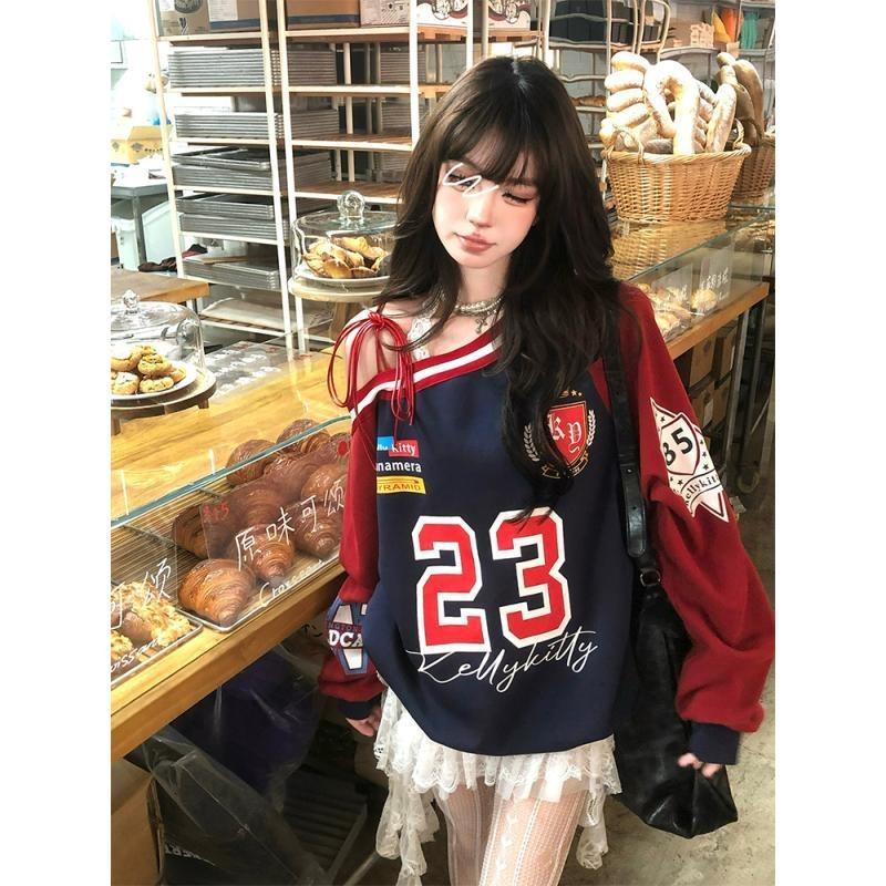 American Citygirl Loose Oblique Shoulder Strap Design Sense Hoodie Women In Early Autumn New Casual Sports Top