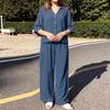 ZANZEA Women Casual Two Piece Set 3/4 Sleeve Button Up Shirt and Wide Leg Long Pants Loose Matching Outfits