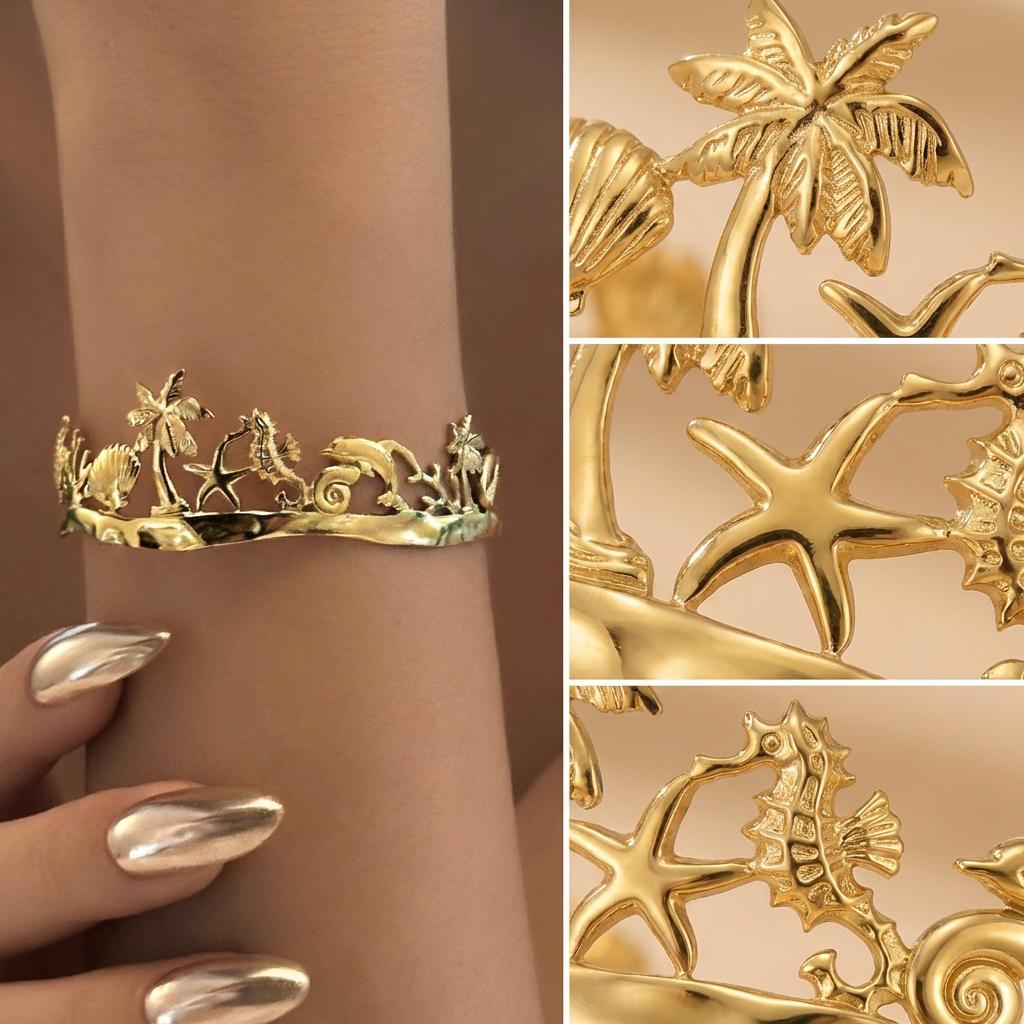 Stainless Steel Metal Shell Starfish Bracelet for Women Vintage Exaggerated Flower Wide Cuff Bangle Girls Beach Party Jewelry
