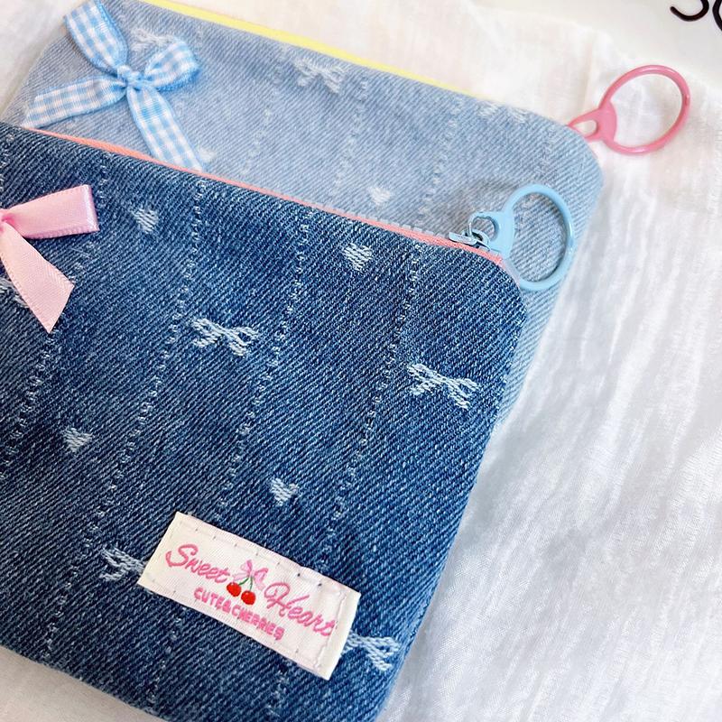 Denim Zero Wallet Madam Cute Bow Cosmetic Bag Storage Bag Travel Portable Makeup Organizer Wallet Purse with Zipper