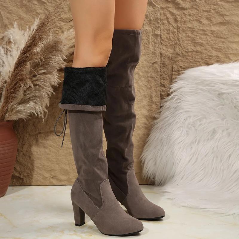 Elegant Grey Faux Suede Over-the-Knee Boots Woman Warm Plush Thigh High Botas Ladies Point Toe High Heel Lace-up Long Shoes