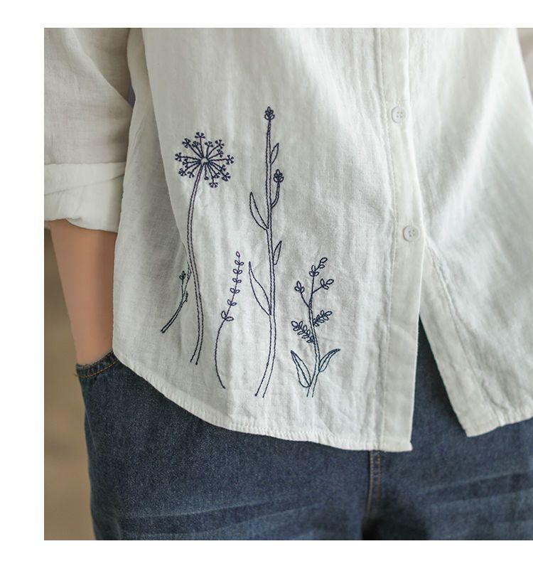 2024 Artistic Retro Floral Embroidered Cotton Linen Long Sleeve Shirt for Women - Loose Fit for Spring & Autumn