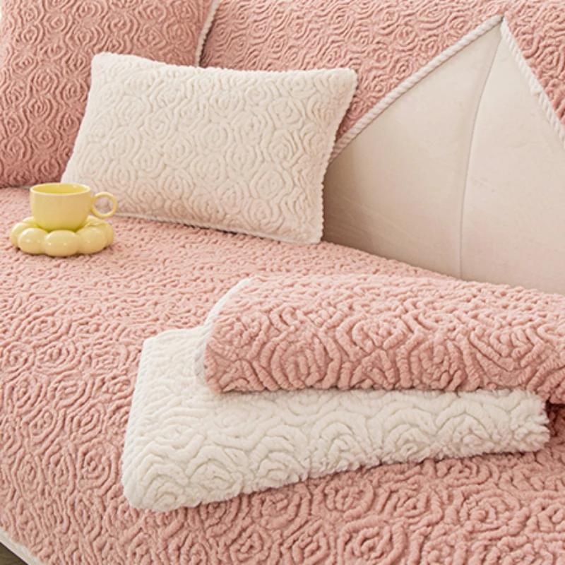Rose Velvet Sofa Mat New Minimalist Modern Thickened Plush Non Slip Leather Sofa Cover Winter Long Sofa Cover Cloth Towel