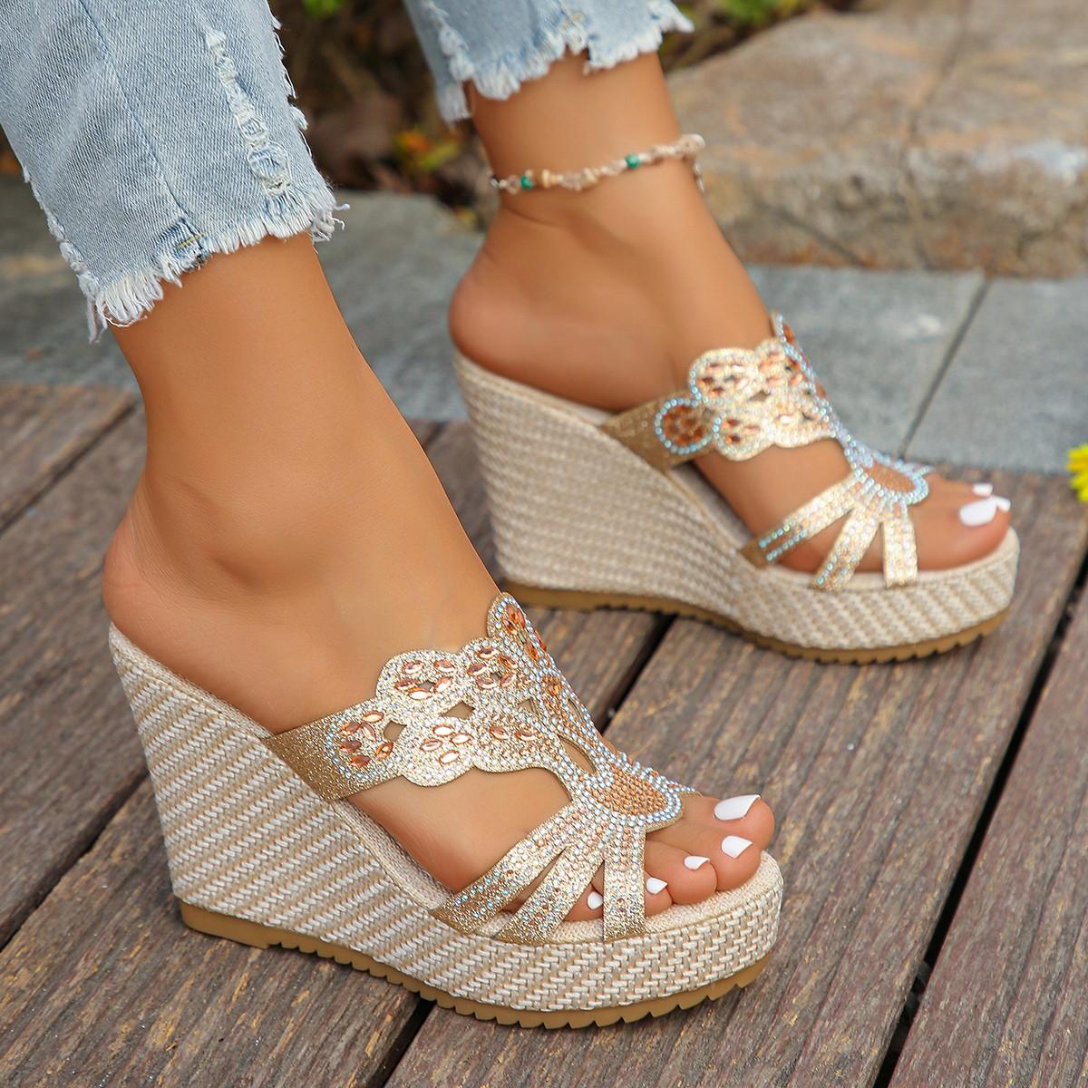 

Новые женские тапочки на танкетке со стразами, летняя женская обувь высокого качества с открытым носком, большие размеры, Zapatos Para Mujeres 36