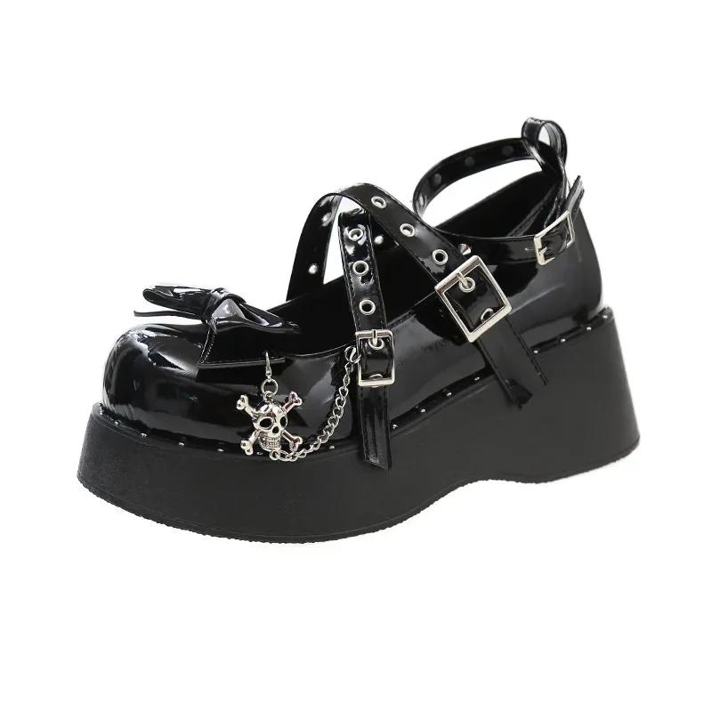Fashion Wedges Platform Mary Janes Women 2024 Round Toe Buckle Wedge Pumps Woman Patent Leather Black Buckle Punk Gothic Shoes