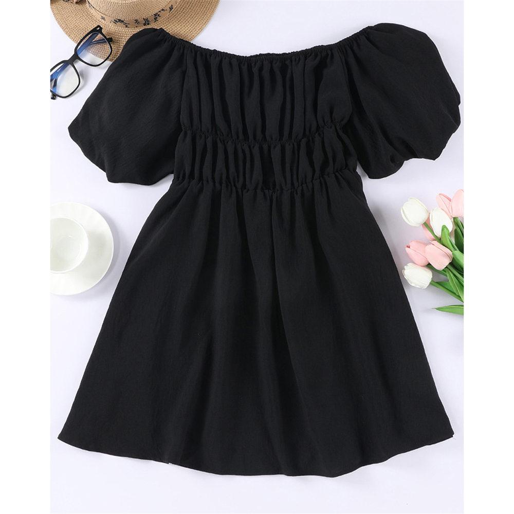 Damen Sommerkleid mit langen Laternenärmeln, schulterfreiem Minikleid, gerüscht, A-Linie, quadratischer Ausschnitt, fließendes Swing-Strandkleid