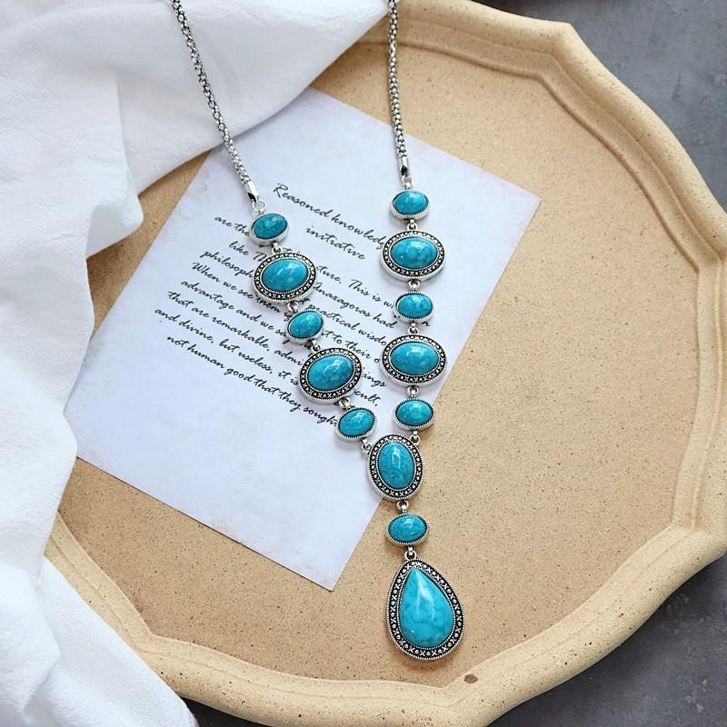 

Vintage long-style turquoise necklace for women, exaggerated sweater chain, ethnic style accessory