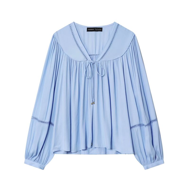 

Zbzr Autumn New Women clothes Western Style Fashion V-neck Long sleeve Vertical Lace Drape Shirts 8649842 Blue L