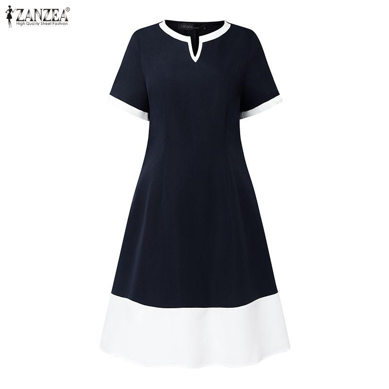 ZANZEA Damska swobodna, letnia sukienka z okrągłym dekoltem i krótkim rękawem