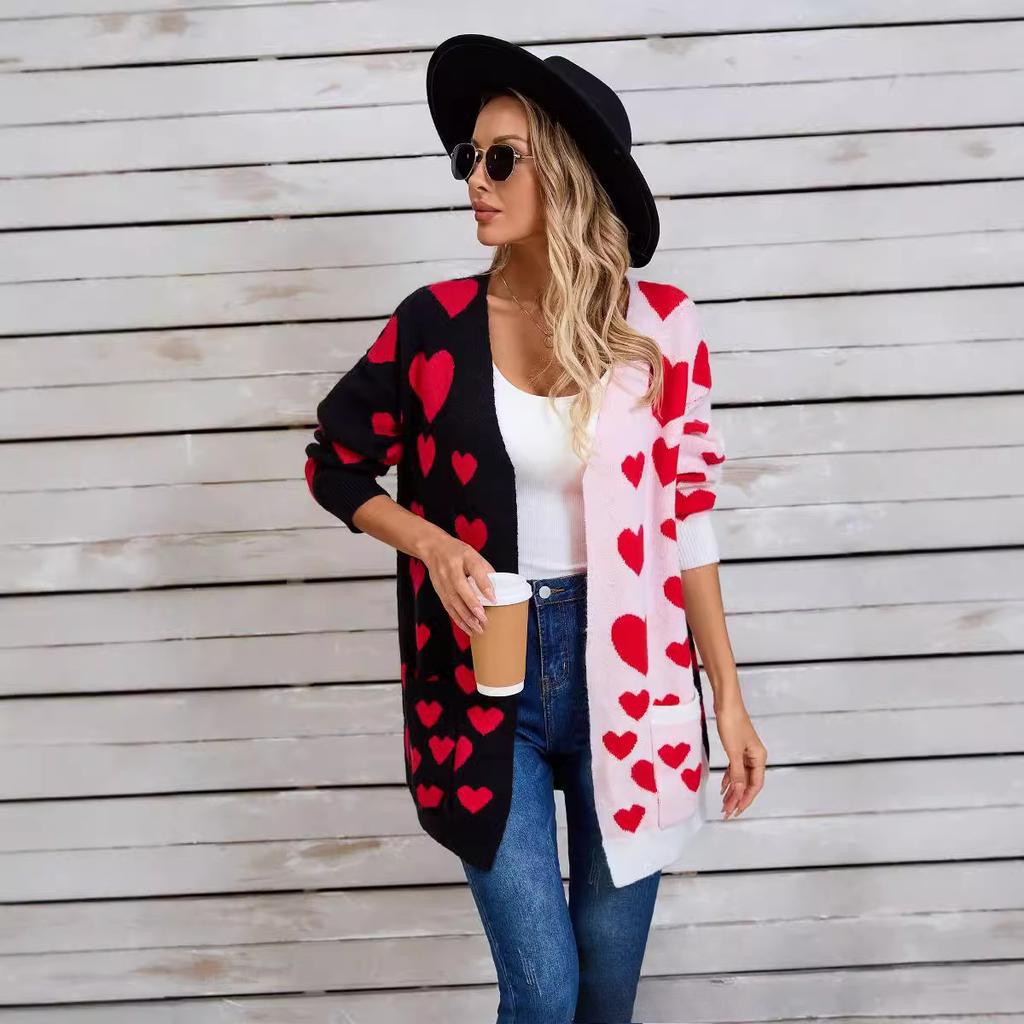 2025 Herbst Neuheit Splicing Strick Valentinstag Tasche Langer Cardigan Liebe Pullover