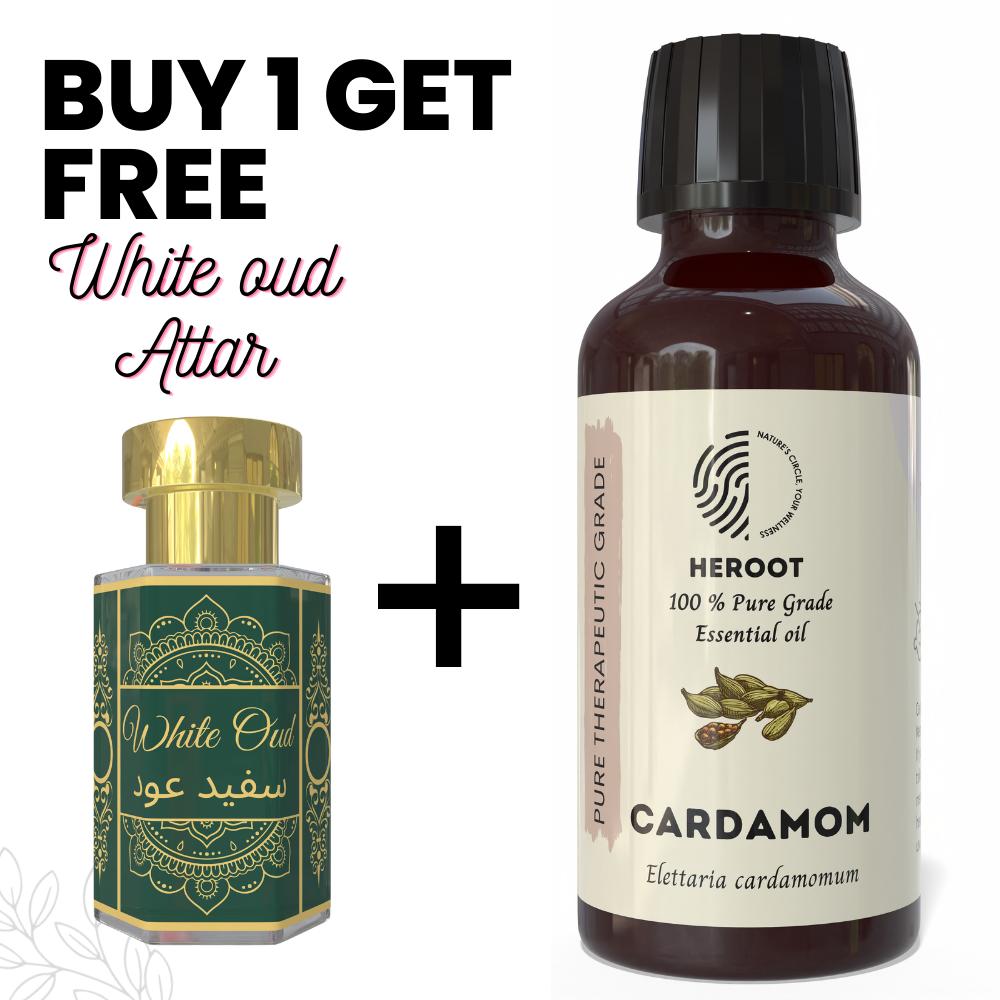 

Cardamom Essential Oil 10ml for Aromatherapy & Home Fragrance with Free 6 ml Attar – Aqua AQ, Dubai Oud, Aura, White Oud