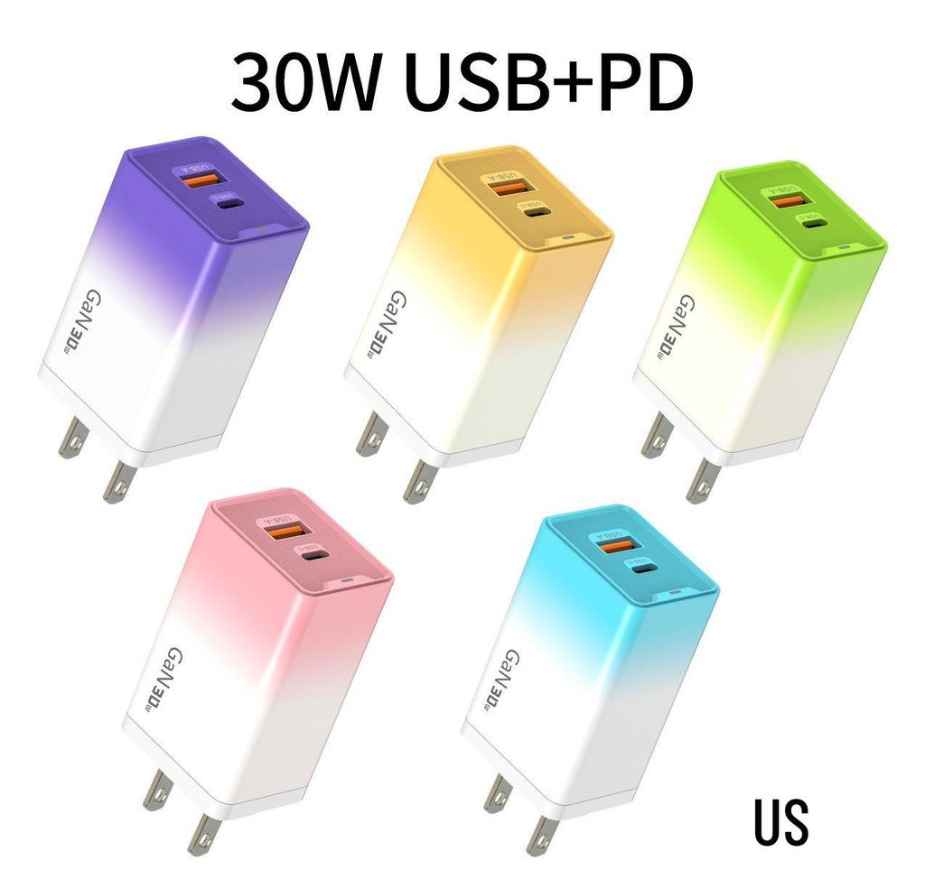65W Gallium Nitride Gradient Charger with Multi-port 1USB + 2PD, 5V2A with Colorful Light