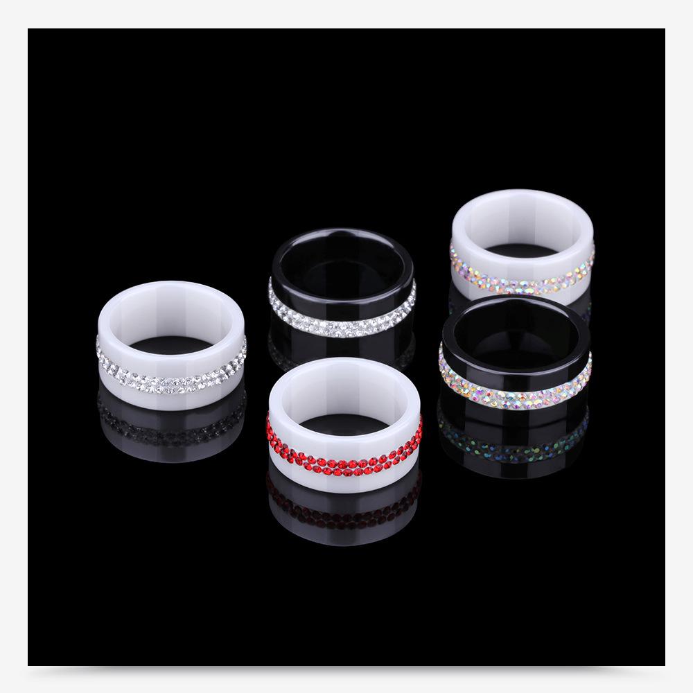 Stylish Ceramic Black and White Two-Row Diamond Ring, 10MM