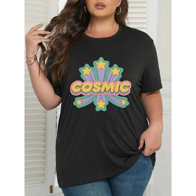 

Women S Graphic T-Shirt - Stretchy Polyester Blend Tee with Cosmic Lettering, - Breathable Summer Shirt for Women S чёрный