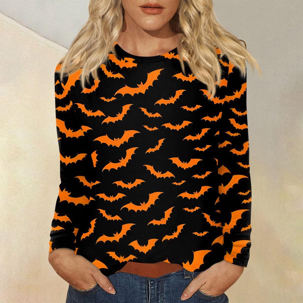 Dámská módní ležérní halenka s potiskem Halloweenu, s kulatým výstřihem a dlouhým rukávem