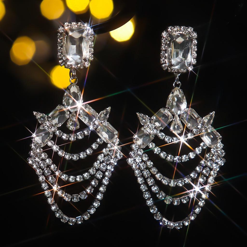 Oversized Fashion Claw Chain Luxury Shiny White Crystal Long Earrings Bridal Earrings Trendy Street Earrings