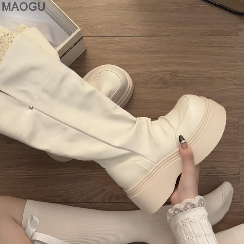 Beige British Style Platform Boots Women Knee High Chunky Sole Leather Long Boots Fashion Pleated Botas Mujer Height Increasing