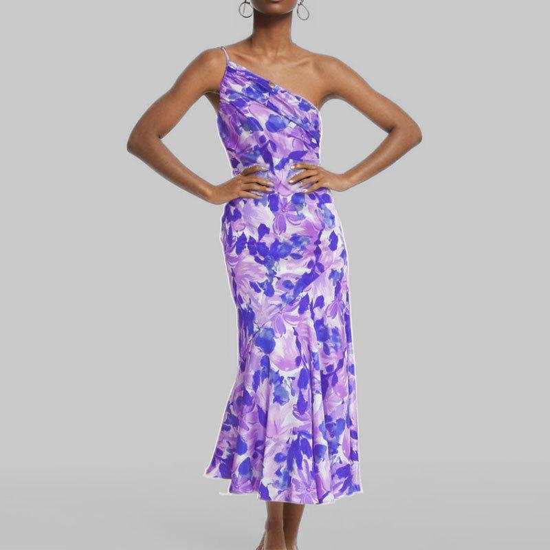 

2026 Spring Women s One-Shoulder Print Spaghetti Strap Mermaid Dress - European & American Style S