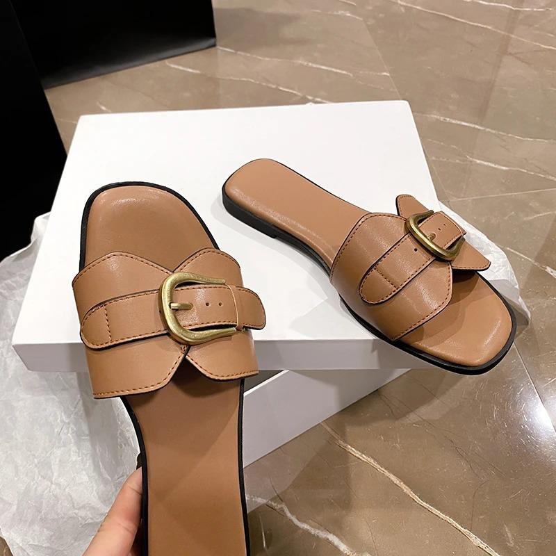 Zapatillas de verano para mujer, chanclas planas de cuero con punta cuadrada, sandalias deslizantes de diseñador para mujer, zapatos de mujer, sandalias de lujo