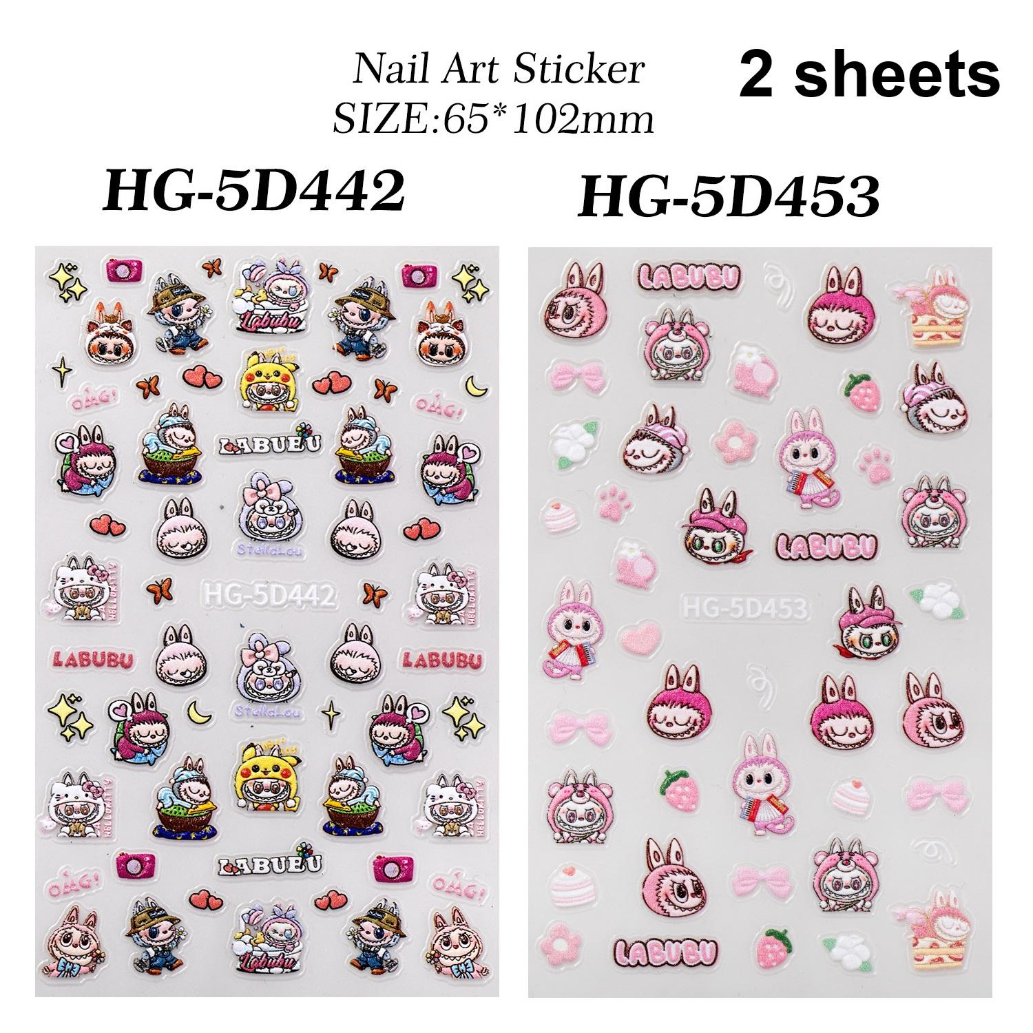 

2 sheets Cute Labu bu nail sticker hot Anime Figure Monsters nail sticker 5D three-dimensional embossed nail art stickers type A