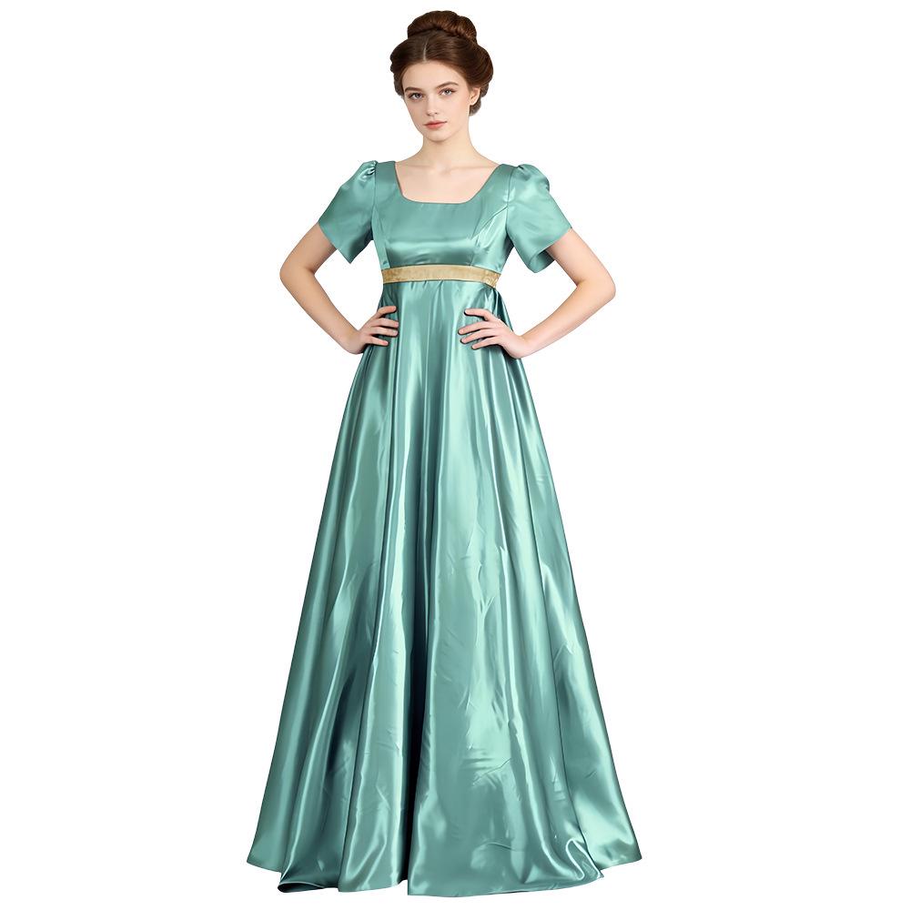 Bridgerton Regency Silk Satin Long Dress for Halloween Ball or Formal Wear