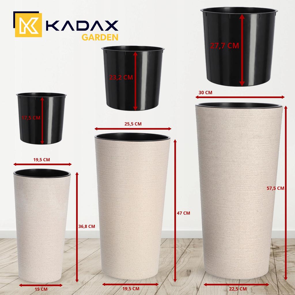 KADAX Zestaw 3x Doniczka Donica Wkład Kwietnik Wysoka Ogrodowa Beżowa 57cm