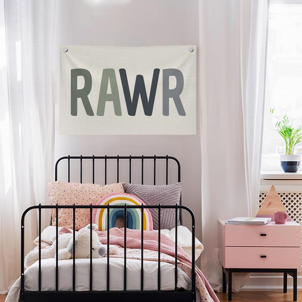 Funny Dinosaur Wall Decor for Boys Toddler, Green Dinosaur Banners Room Decor for Kids Bedroom Classroom Playroom, Rawr Canvas Banner Wall Hanging