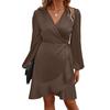 Women Mini Dress V-Neck Lantern Long Sleeve Side Lace-up Dress