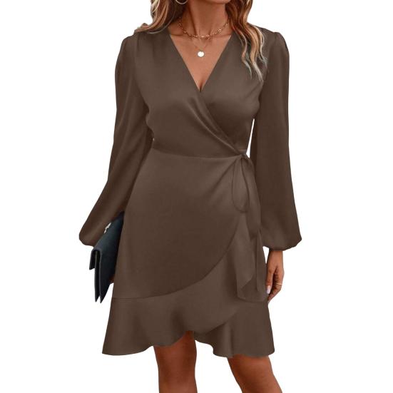 Women Mini Dress V-Neck Lantern Long Sleeve Side Lace-up Dress