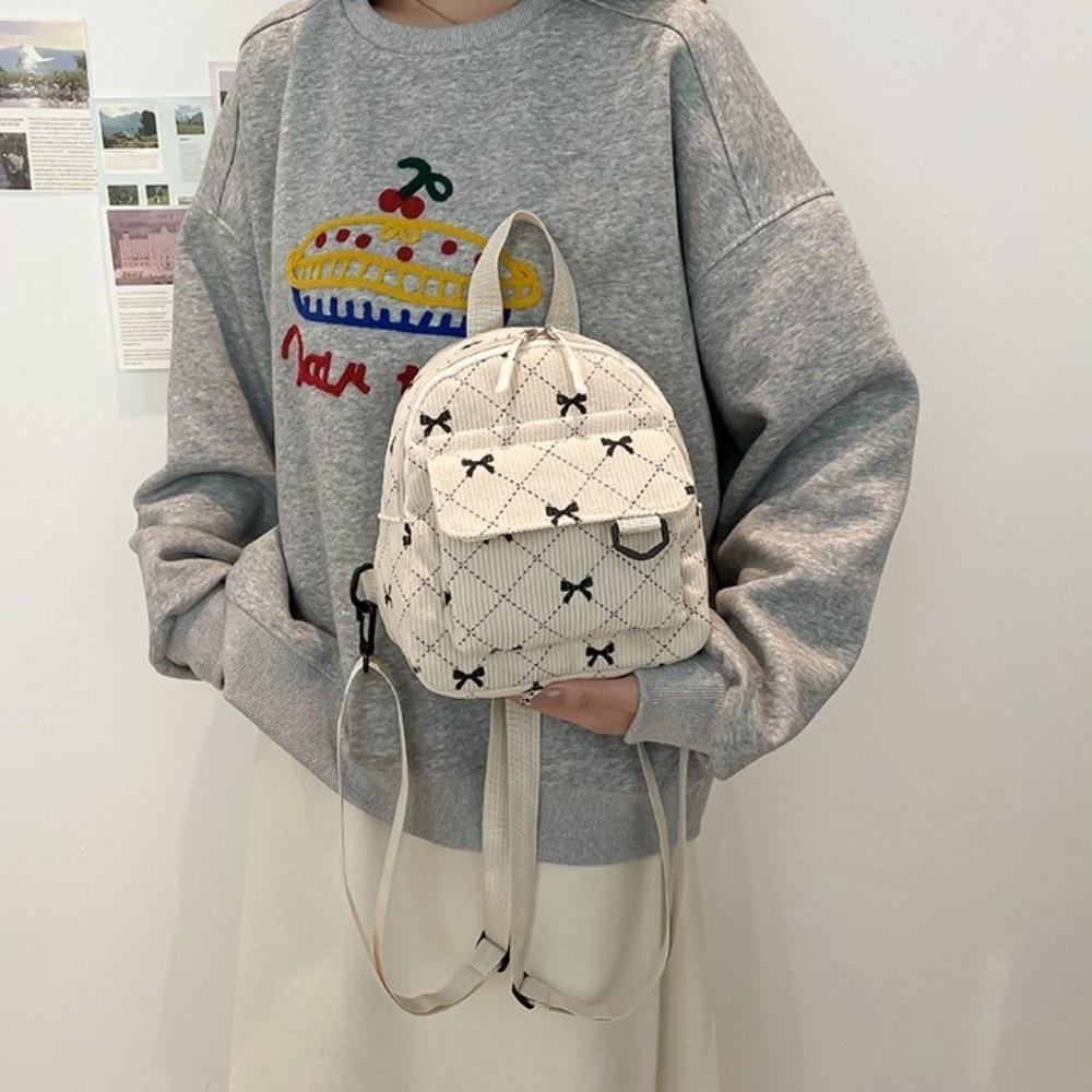 Lightweight Shoulder Bag Corduroy Bow Rucksack Cute Student School Bag Women