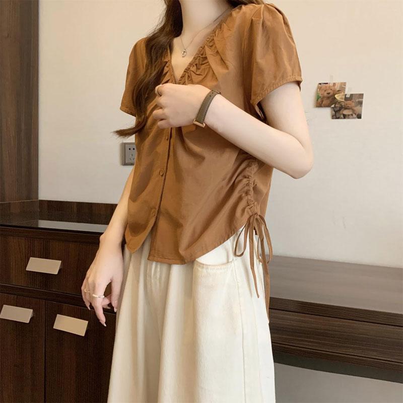 Korean Folds V-Neck Summer Blouse Fashion Shirring Drawstring Women's Clothing Vintage Single-breasted Basic Solid Color Shirts
