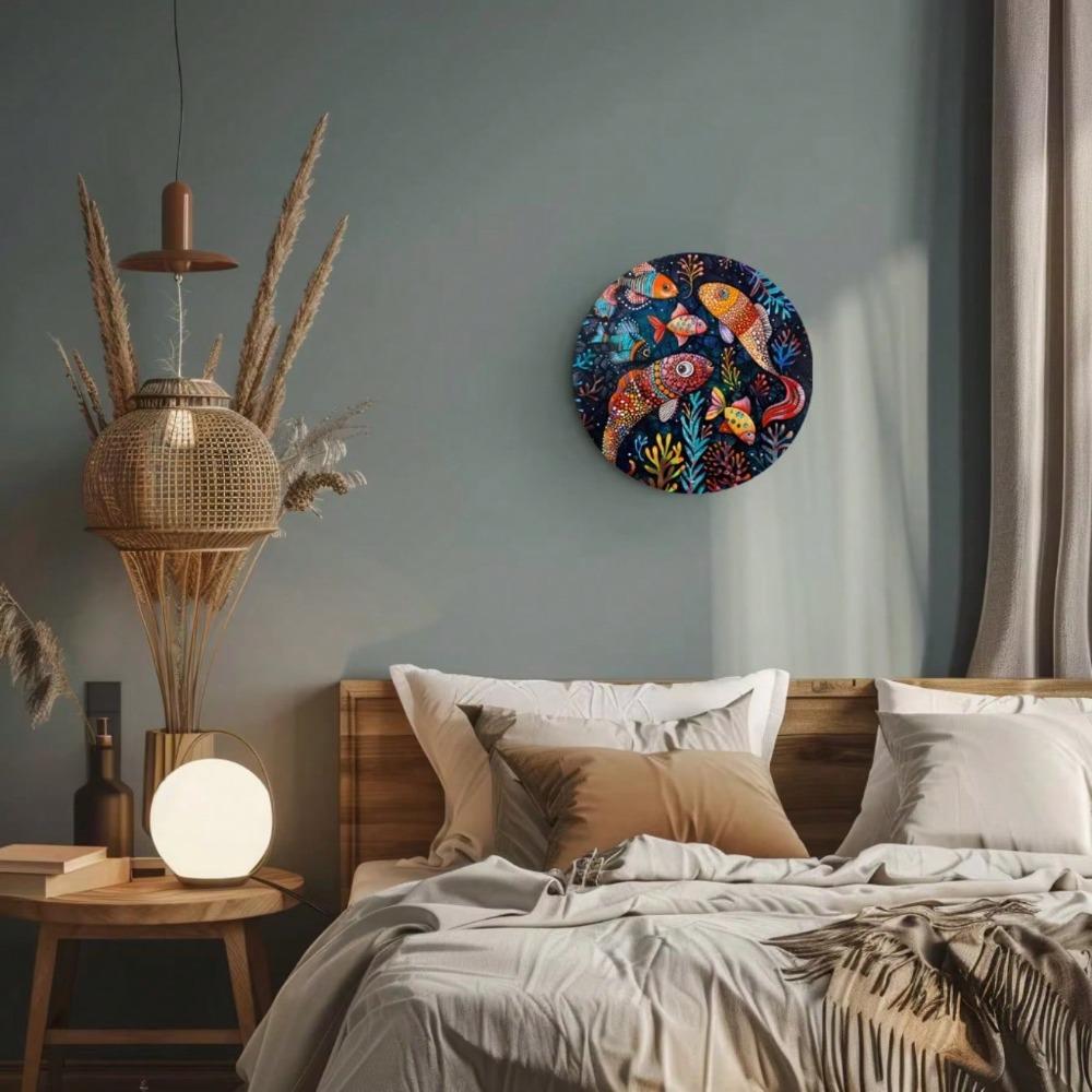 Blue Fish Ocean Round Metal Wall Art Pre Drilled Indoor Outdoor Home Decor Sign