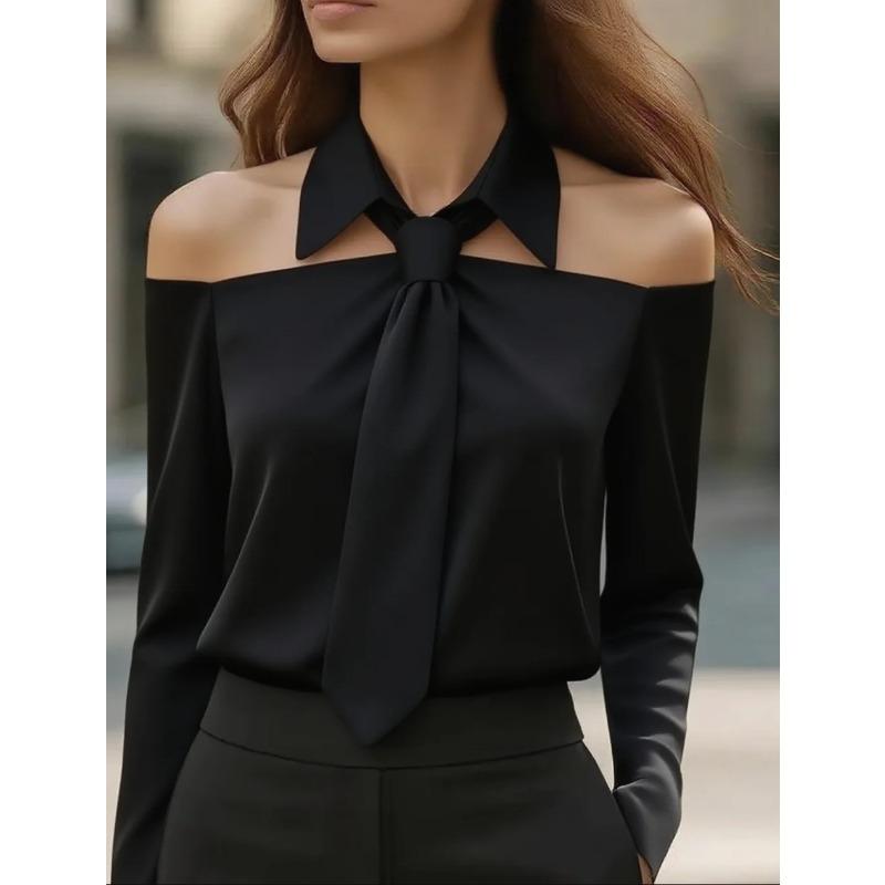 TIFICY Women's Fashion Casual Spring Autumn Solid Color Print Long Sleeve POLO Neck Blouses & Shirts