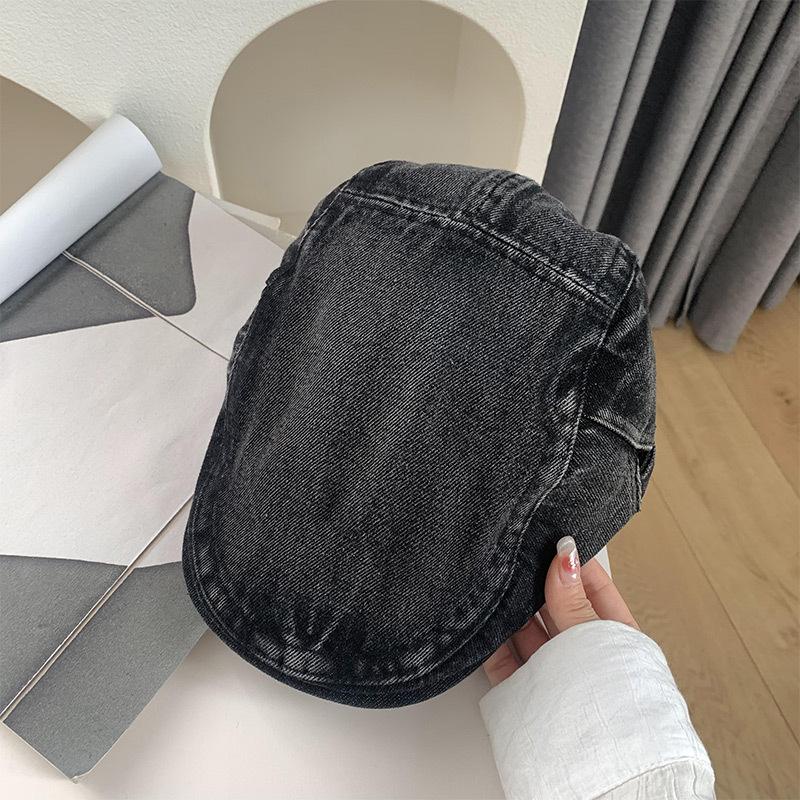Retro Washed Denim Forward Hat Women's Korean Version Big Head Circumference Showing Face Small Beret British Style Literary and Art Newspaper 