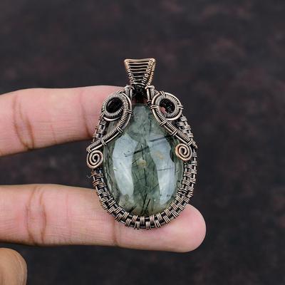 Ciondolo in prehnite di muschio, pendente avvolto in filo di rame, gioielli con pietre preziose in prehnite di muschio, elegante regalo per le donne, gioielli fatti a mano in filo di rame