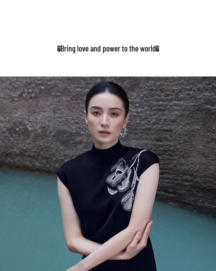 Dámský luxusní pletený top Lang Z podzim 2025 v čínském stylu s krátkým rukávem a kulatým výstřihem.