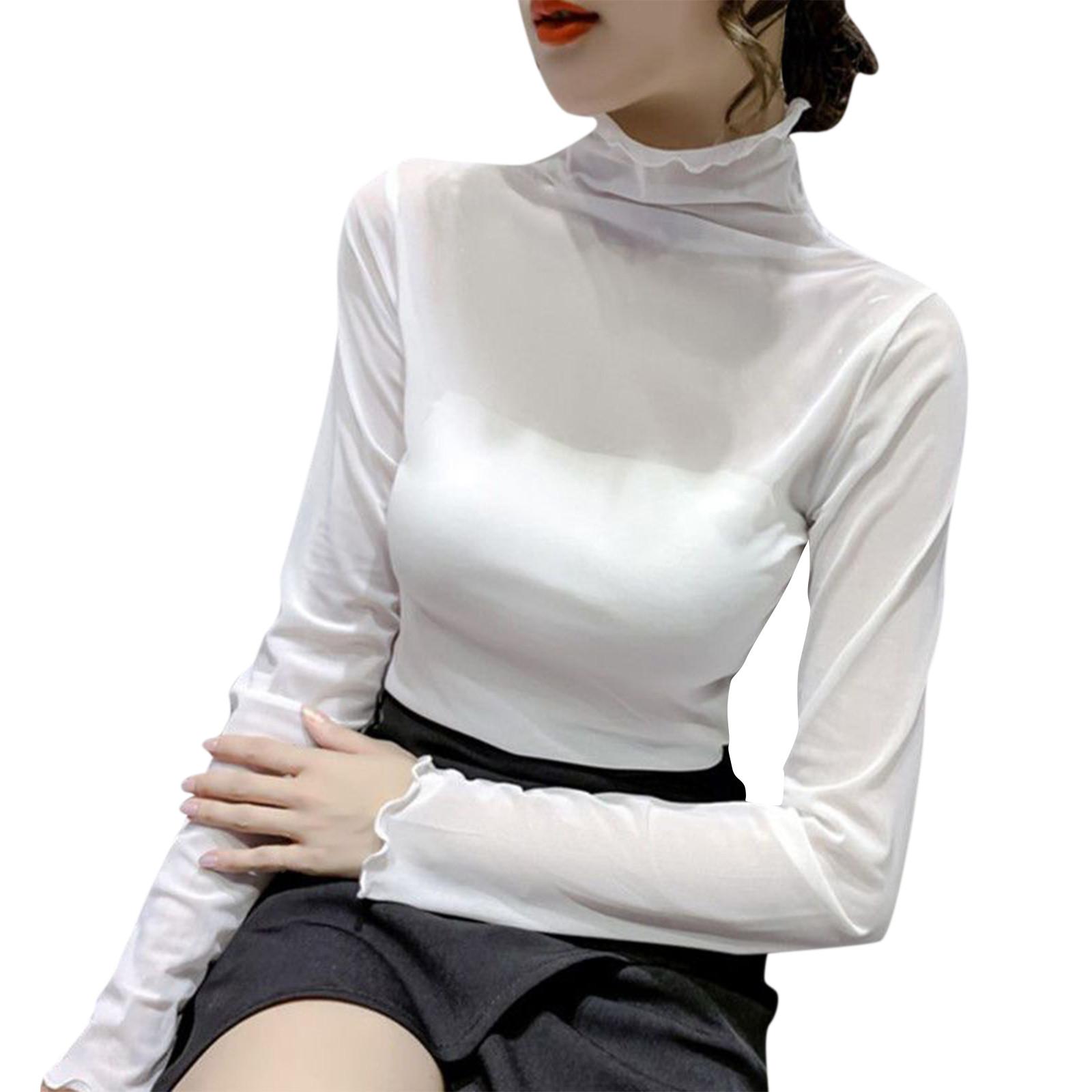 

Women High Neck Mesh Long Sleeve Base Layer Top Lightweight Sheer Turtleneck Slim Fit Stretch Undershirt for Layering M белый