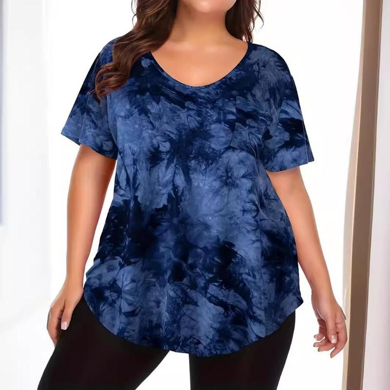 Womens Plus Size Tie Dye V Neck Short Sleeve Curved Hem Blouse 1XL синий