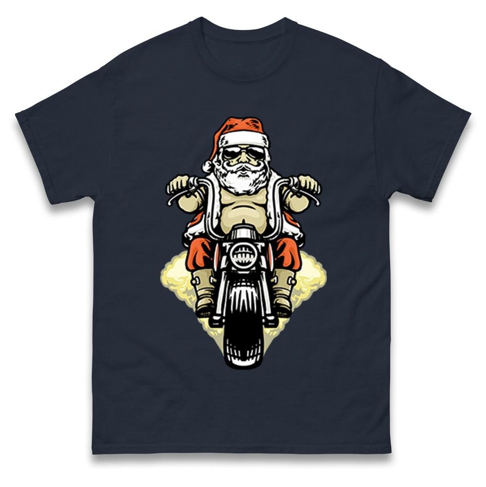 Santa Biker Christmas Tshirt Funny Cool Motorbike Rider Xmas Family Tee Top