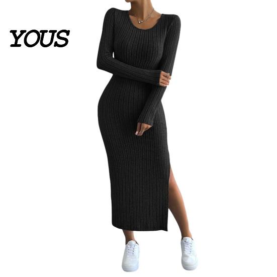 Daily Wear Autumn Dresses Women Round Neck Knitted Dress, Long Sleeve Pullover Sweater Formal Work Solid Color Stretchy Split Bodycon Dress for Winter
