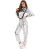 Women's Role Play Astronaut Outfit S-3XL, Shiny Metallic Jumpsuit with Mock Neck Long Sleeves, Zipper Bodysuit Halloween Costume