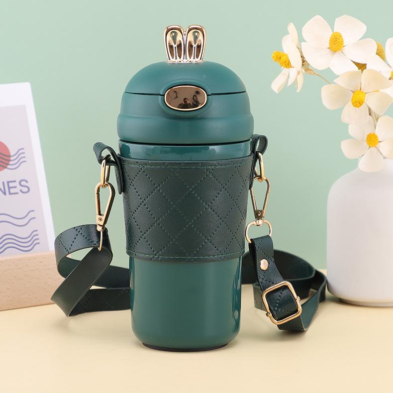

Cute Rabbit Thermos Cup with Bounce Straw Portable Lanyard Strap Leather Case for Girls Outdoor Office Water Bottle 400ml